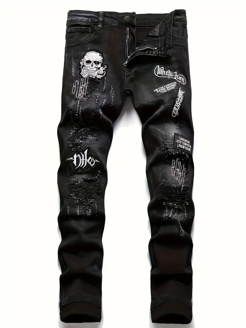 Men's Skinny Fit Stretch Jeans With Skull Head